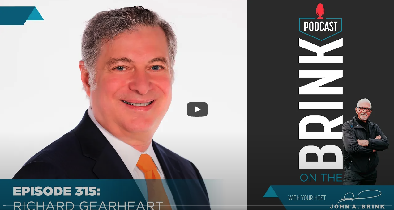 Podcast cover with a smiling man in a suit and orange tie; right panel shows a “PODCAST” badge, large vertical “BRINK,” and a small host photo.